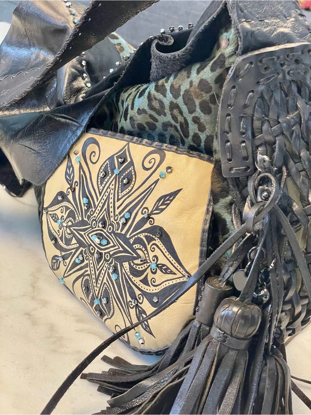 Handcrafted Teal Leopard Leather Shoulder Bag with Embossed Pocket - Picture 8 of 16